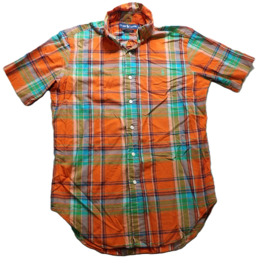 Ralph Lauren Men Short Sleeve Plaid Button Up Shirt Orange Green Cotton Small SS